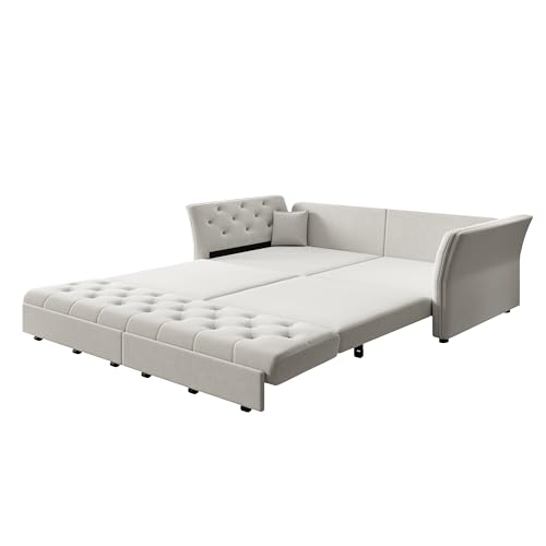 100'' Sleeper Sofa Bed California King, Velvet Chesterfield Couch, Beige