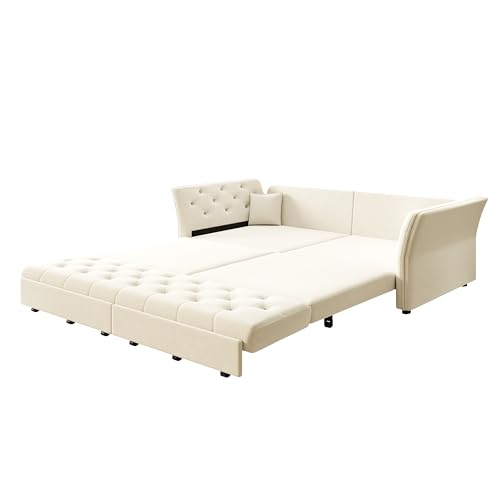 100'' Sleeper Sofa Bed California King, Velvet Chesterfield Couch, Beige