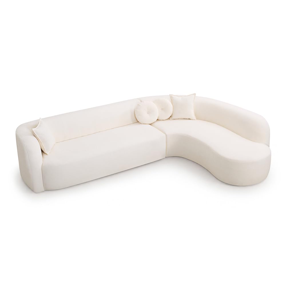 128" Cream White Chenille Upholstered Oversized Cloud Couch with Chaise for Living Room, Curved Corner Design, High-Density Foam, Deep Seating, No Assembly