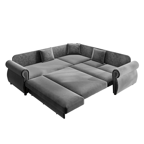 118" L-Shaped Sectional Sleeper Sofa Bed with Pull Out Couch, Dark Grey