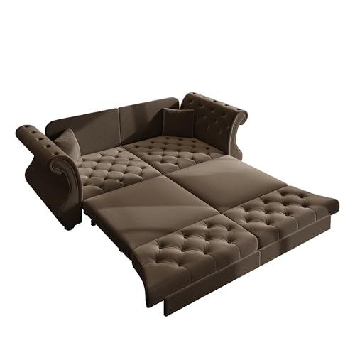 100'' Sleeper Sofa Bed California King, Velvet Chesterfield Couch, Beige