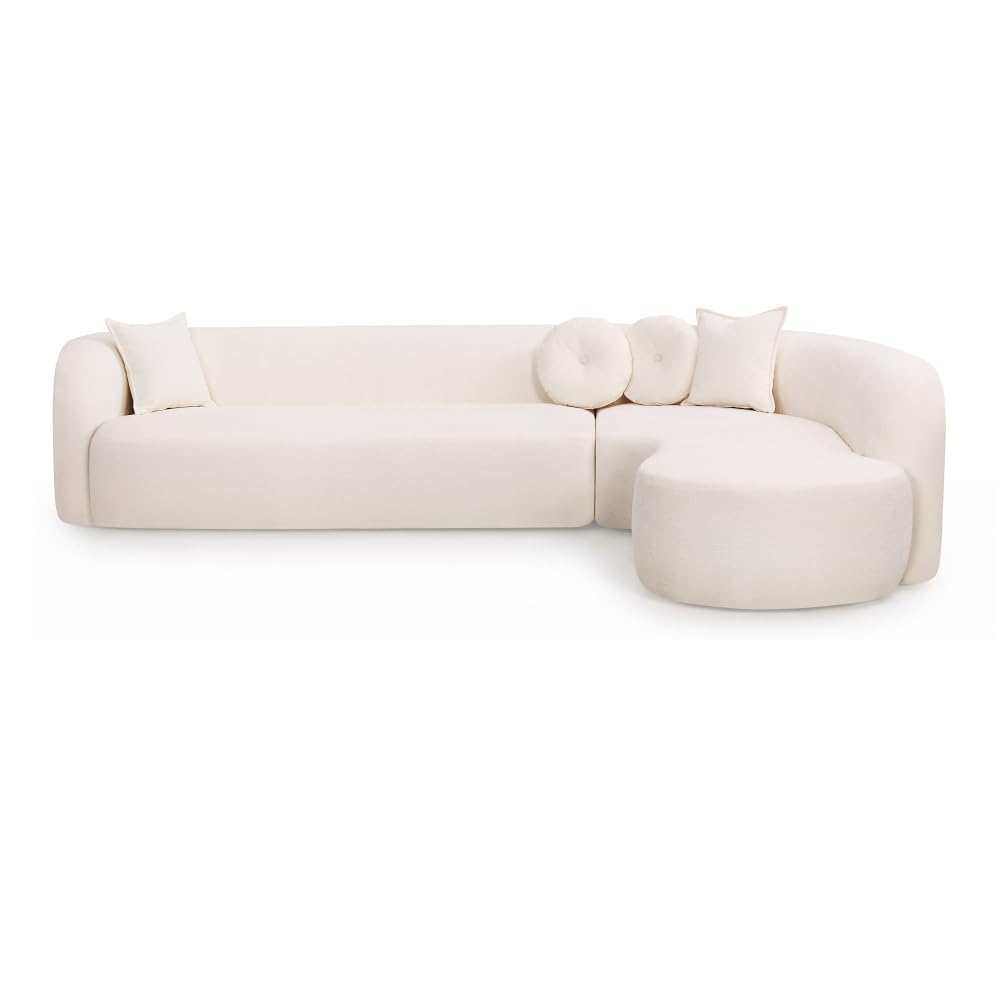 128" Cream White Chenille Upholstered Oversized Cloud Couch with Chaise for Living Room, Curved Corner Design, High-Density Foam, Deep Seating, No Assembly