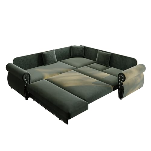 118" L-Shaped Sectional Sleeper Sofa Bed with Pull Out Couch, Dark Grey