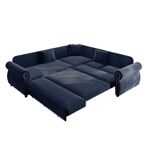 118" L-Shaped Sectional Sleeper Sofa Bed with Pull Out Couch, Dark Grey