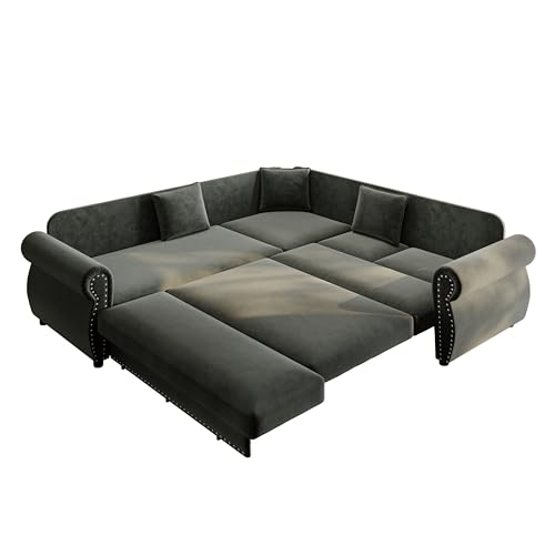 118" L-Shaped Sectional Sleeper Sofa Bed with Pull Out Couch, Dark Grey