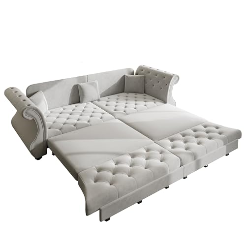 100'' Sleeper Sofa Bed California King, Velvet Chesterfield Couch, Beige