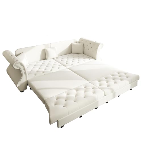 100'' Sleeper Sofa Bed California King, Velvet Chesterfield Couch, Beige