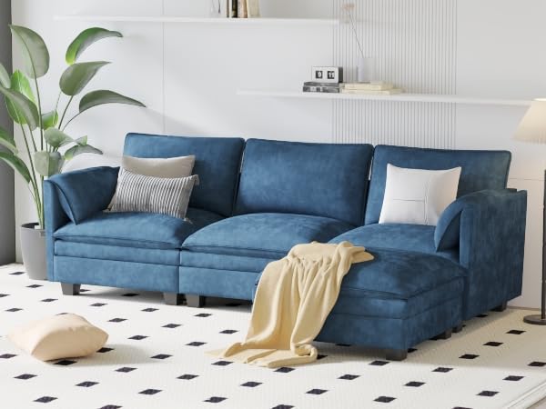 107.8'' Large Size 3 Seater Sofa Couch, L Shaped Sofas with Movable Ottoman, Arm with Pockets,Fabric Couches for Living Room, Apartment, Office