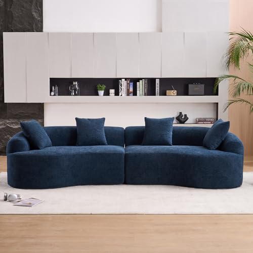 110" Sectional Sofa Round Curved Couch, Modern 4 Seat Sofa with Wood Grain Chenille Fabric, Comfy Deep Seat Sponge Couch with 4 Pillows for Living Room, White