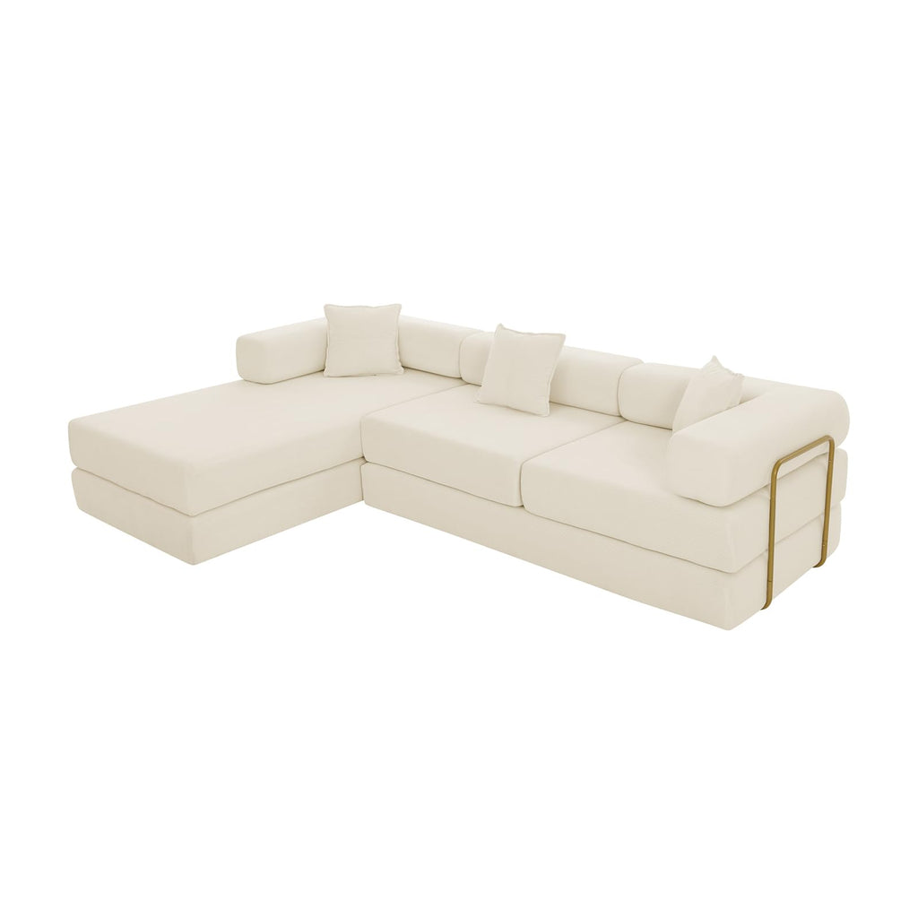 108" Convertible Folding Sofa Bed, L Shaped Modular Sectional Couchs with Fixed-Shape Frame, Corduroy Boneless Couch Bed, Cloud Mattress Sofa Sleeper Couch for Living Room (Beige, 108" W)