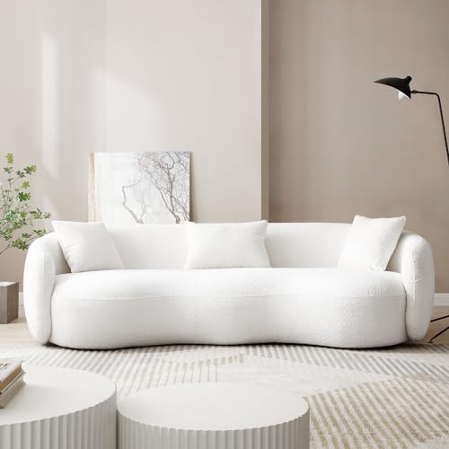 WILLIAMSPACE 93.6" Curved Sofa, Modern Upholstered Boucle Curved Couch with 3 Throw Pillows, 3-Seat Sofa Couch for Living Room, Apartment (Beige)