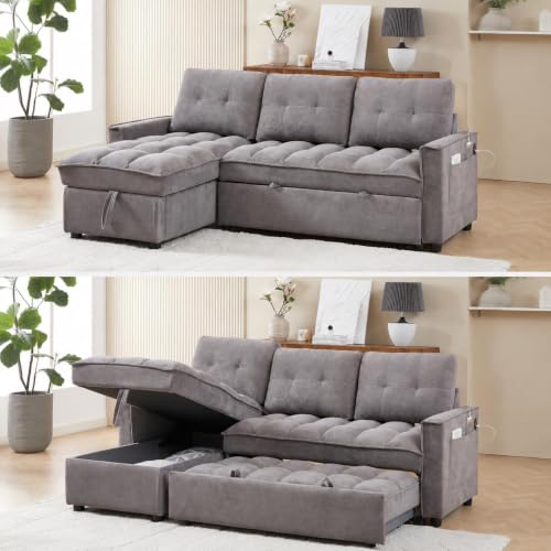 100" Modular Sectional Sleeper Sofa with Pull Out Bed/Side Table/USB Charging/Storage Chaise, Comfy Convertible Cloud Couch, U Shaped 7 Seat Corduroy Sofa with Cup Holders,Green