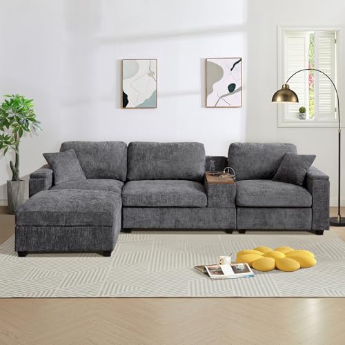 120.3" L-Shaped Sectional Sofa with Storage Ottoman, Oversized Comfy Couch with USB Port, Side Storage, Cup Holder & 360°Swivel Drop-Down Table, Sectional Couches for Living Room (Gray, 120.3")