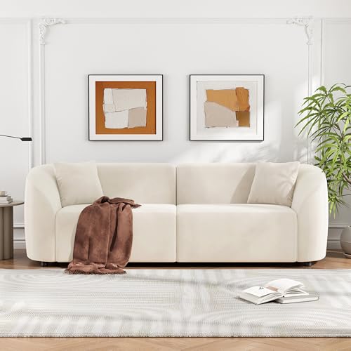 110" Sectional Sofa Round Curved Couch, Modern 4 Seat Sofa with Wood Grain Chenille Fabric, Comfy Deep Seat Sponge Couch with 4 Pillows for Living Room, White
