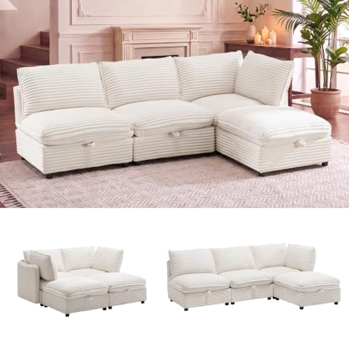 125" Modular Sectional Sofa with Under-Seat Storage, 6-Seater, White