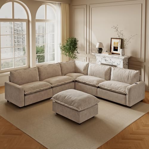 WJShome 116''Oversized Cloud Couch Modular Sectional Reclining Couches for Living Room, Reclining Couch with USB/Type C and Wireless Charging, 3 Seat with Power Recliner Sofa, Khaki
