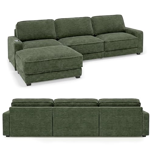 Vipbear 120" Modular Sectional L Shaped Sofa Couches for Living Room,3 Seat with 1 Movable Ottoman,Comfy Corduroy Sofa with USB Port,Side Pocket,Pillow,Green
