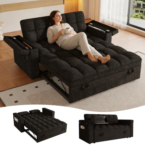 100" Convertible Sectional Sofa Bed, Pull Out Couch Bed with Storage Chaise, Table Board, USB Ports & Cup Holder, 7-Seater Modular Corduroy Sofa Bed, Reclining Sectional Couch for Living Room, Black