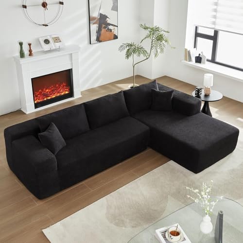 104" L-Shape Modular Sectional Sofa Couch,Comfy Upholstered Cloud Couch for Living Room,Modern Minimalist Couches,Deep Seat,No Assembly Required (Black,Plush Corduroy, Right Facing Chaise w/Ottoman)