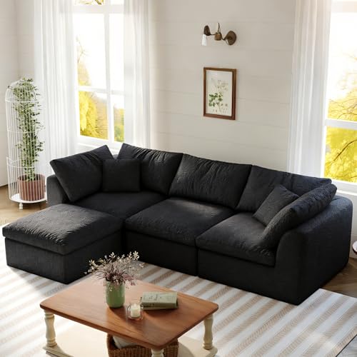 108" Modular Sectional Sofa with Movable Ottoman, No Assembly Required Boneless Cloud Couch, Deep Seat L Shaped Sectional Couches for Living Room, Bedroom and Apartment, White