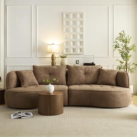 110.24'' Modern Moon Curve Couch with 4 Removable Throw Pillows,Durable Fabric Sectional Sofa with Solid Wood Frame,High Density Sponge, Easy Assembly,Camel
