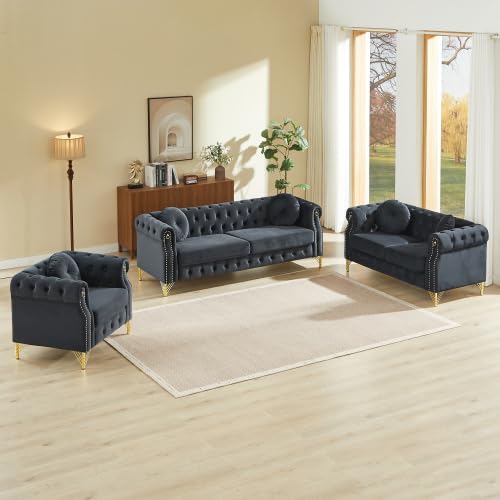 Velvet Chesterfield Modular Sectional Sofa, 6-Seat Tufted Couch with Copper Studs & Metal Legs, Black Furniture for Lobby, Living Room, or Reception Area (1+2+3 Seating)