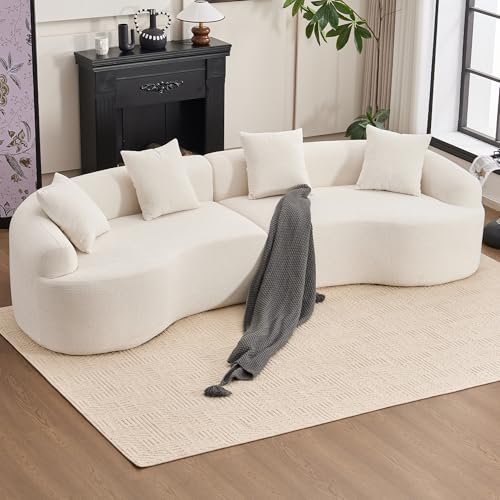 110" Sectional Sofa Round Curved Couch, Modern 4 Seat Sofa with Wood Grain Chenille Fabric, Comfy Deep Seat Sponge Couch with 4 Pillows for Living Room, White