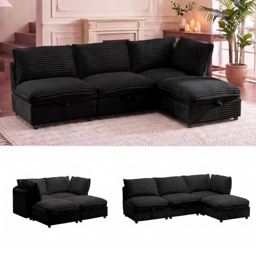 125" Modular Sectional Sofa with Under-Seat Storage, 6-Seater, White