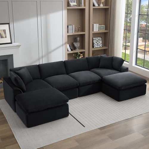 U Shaped Sectional Sofa, 141 in Cloud Couch, Black