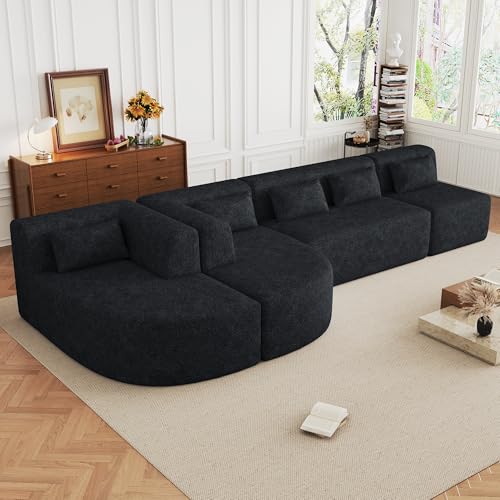 110" Sectional Sofa Round Curved Couch, Modern 4 Seat Sofa with Wood Grain Chenille Fabric, Comfy Deep Seat Sponge Couch with 4 Pillows for Living Room, White