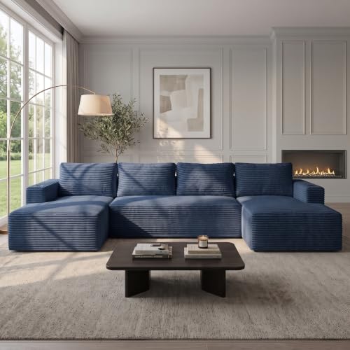 132 Inch Oversized Modular Sectional Sofa for Living Room, U-Shaped Cloud Boneless Couches with Cup Holder & Side Pockets, Comfy Corduroy Deep Seat Sofa, No Assembly Required, Gray