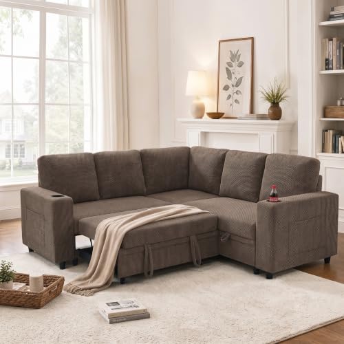 118" Oversized Sleeper Sofa with Pull Out Bed, Chenille L Shaped Convertible Sectional Sleeper Couch with Nailhead Trim & Rolled Arm, 6-Seater Couches for Living Room, Blue