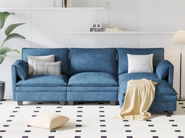 107.8'' Large Size 3 Seater Sofa Couch, L Shaped Sofas with Movable Ottoman, Arm with Pockets,Fabric Couches for Living Room, Apartment, Office