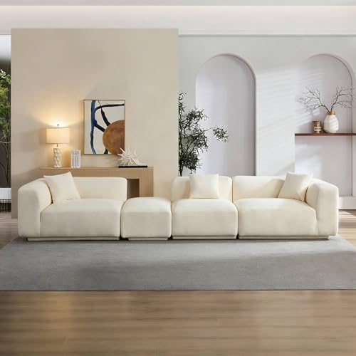 110.24'' Modern Moon Curve Couch with 4 Removable Throw Pillows,Durable Fabric Sectional Sofa with Solid Wood Frame,High Density Sponge, Easy Assembly,Camel