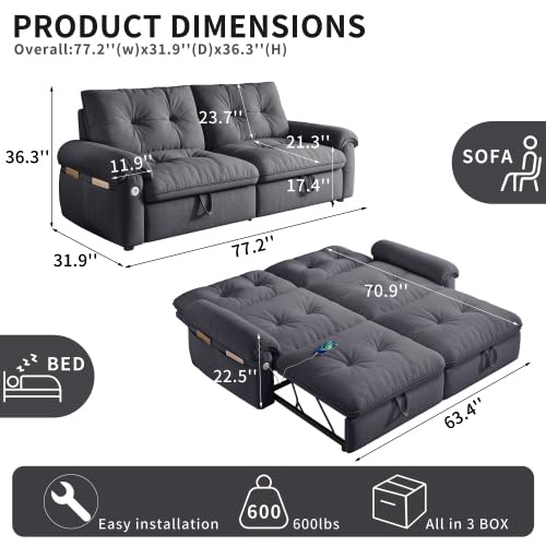 77.2" Convertible Sofa Bed, 2-in-1 Loveseat Pull Out Sleeper Couches