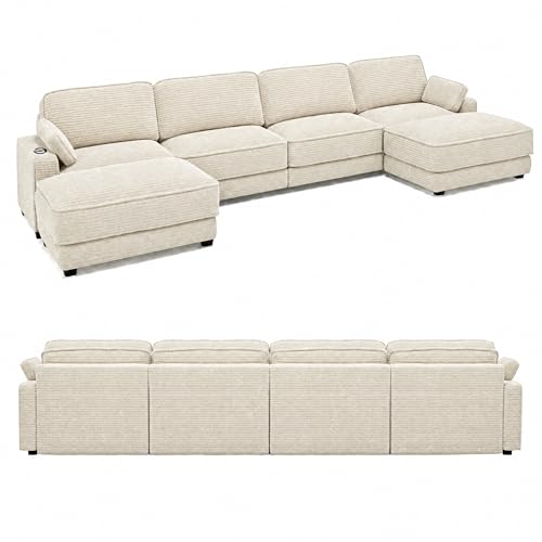 Vipbear 120" Modular Sectional L Shaped Sofa Couches for Living Room,3 Seat with 1 Movable Ottoman,Comfy Corduroy Sofa with USB Port,Side Pocket,Pillow,Green