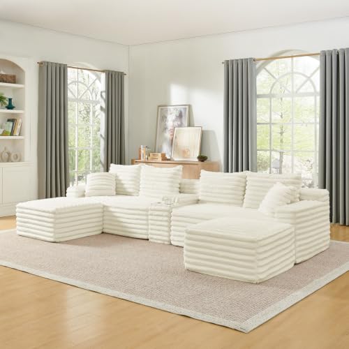 115" Modular Sectional Sofa, Corduroy U-Shaped Cloud Couch with Chaise ‌and Ottoman‌, No Assembly Boneless Couches for Living Room, Brown