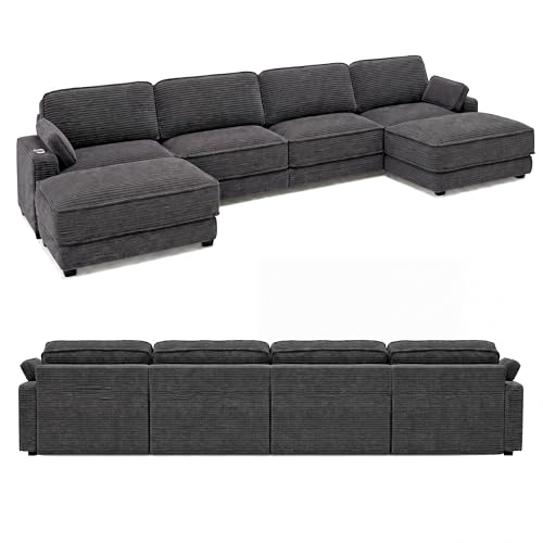 Vipbear 120" Modular Sectional L Shaped Sofa Couches for Living Room,3 Seat with 1 Movable Ottoman,Comfy Corduroy Sofa with USB Port,Side Pocket,Pillow,Green