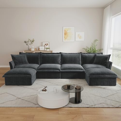 120" Corduroy Sectional Sofa with Ottoman, 3-Seater, Green