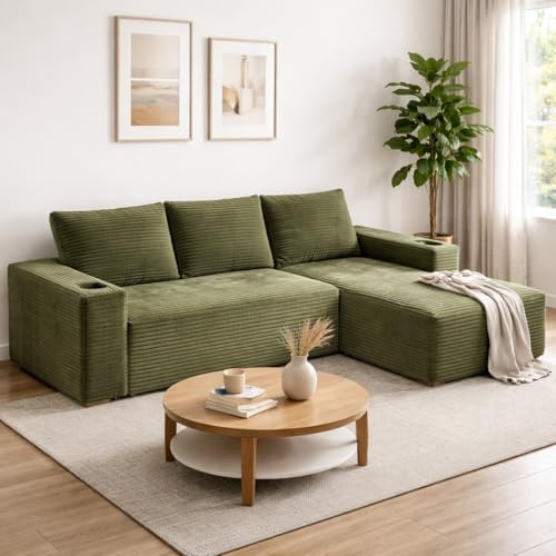 133" Oversized U-Shaped Cloud Modular Sectional Sofa Couches with Double Chaise, Corduroy Boneless Couch with Cupholders, High-Density Foam Floor Sofa for Living Room, No Assembly Required