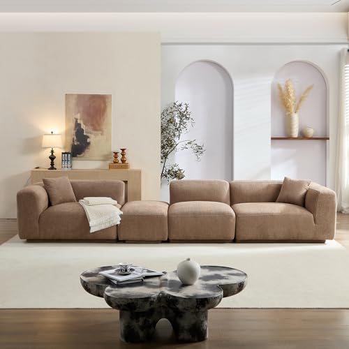 110.24'' Modern Moon Curve Couch with 4 Removable Throw Pillows,Durable Fabric Sectional Sofa with Solid Wood Frame,High Density Sponge, Easy Assembly,Camel