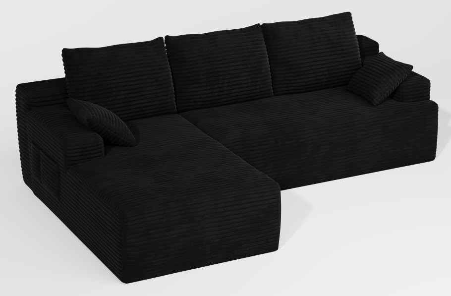 104-inch L-Shaped Foam Sofa Set with Corduroy Fabric and Fabric Pouches
