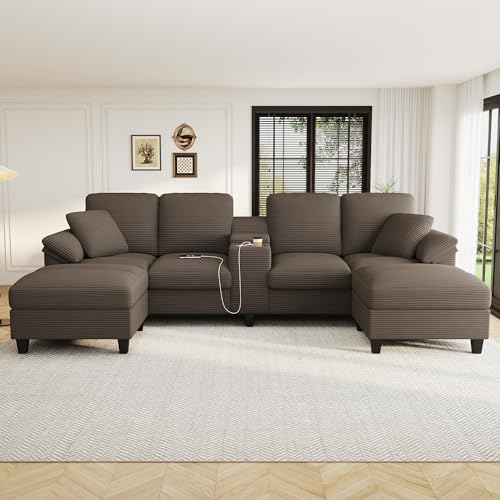 120.3" L-Shaped Sectional Sofa with Storage Ottoman, Oversized Comfy Couch with USB Port, Side Storage, Cup Holder & 360°Swivel Drop-Down Table, Sectional Couches for Living Room (Gray, 120.3")