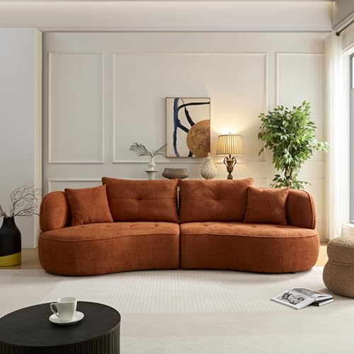 110.24'' Modern Moon Curve Couch with 4 Removable Throw Pillows,Durable Fabric Sectional Sofa with Solid Wood Frame,High Density Sponge, Easy Assembly,Camel