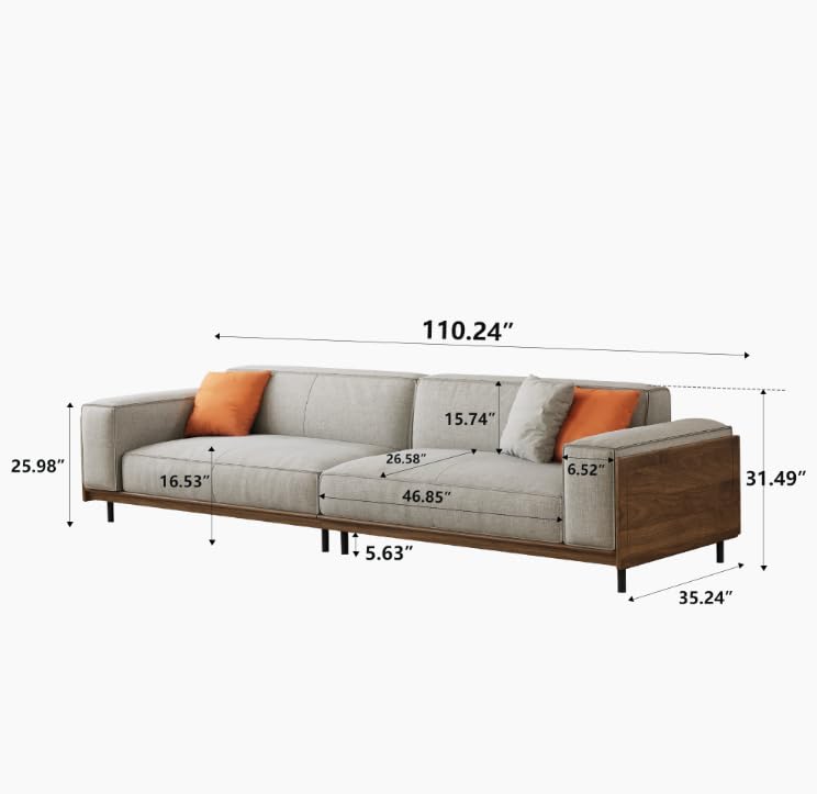 110.24" Mid-Century Modern 4-Seater Sofa, Large Couch with Solid Wood Frame & High-Density Cushions, Upholstered Living Room Sofa for Apartment & Office, Gray