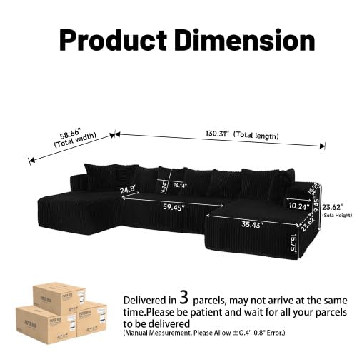 130" Cloud Couch Sectional, Boneless Couch, Corduroy Sofa for Living Room, U Shaped Modular Sofa with Chaise, No Assembly, 4 Seats Oversized, Black
