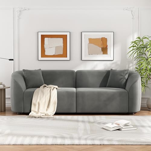 110" Sectional Sofa Round Curved Couch, Modern 4 Seat Sofa with Wood Grain Chenille Fabric, Comfy Deep Seat Sponge Couch with 4 Pillows for Living Room, White