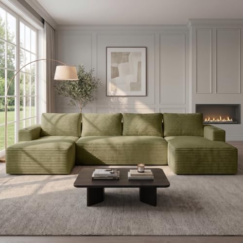 132 Inch Oversized Modular Sectional Sofa for Living Room, U-Shaped Cloud Boneless Couches with Cup Holder & Side Pockets, Comfy Corduroy Deep Seat Sofa, No Assembly Required, Gray