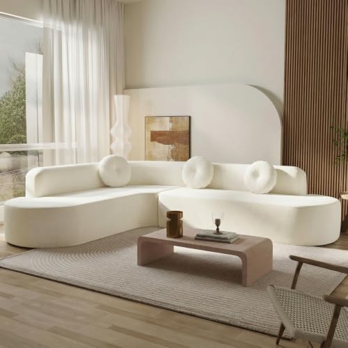 128" Cream White Chenille Upholstered Oversized Cloud Couch with Chaise for Living Room, Curved Corner Design, High-Density Foam, Deep Seating, No Assembly