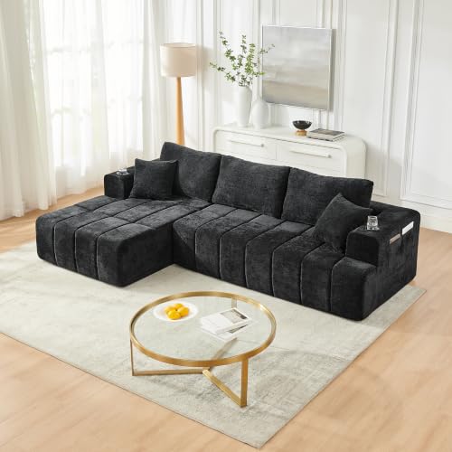 108" Oversized Cloud Boneless Sofa Couch with Chaise, Modern Tufted Chenille L Shaped Modular Sectional Sofa with Deep Seat, Comfy Corner Couch with Cupholders and Storage, No Assembly Required